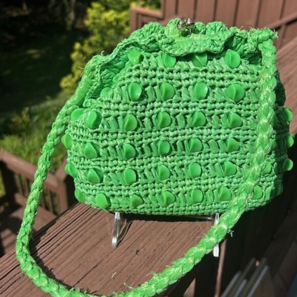 MAGID New York Handmade GREEN RAFFIA Beaded PURSE - Picture 6 of 8